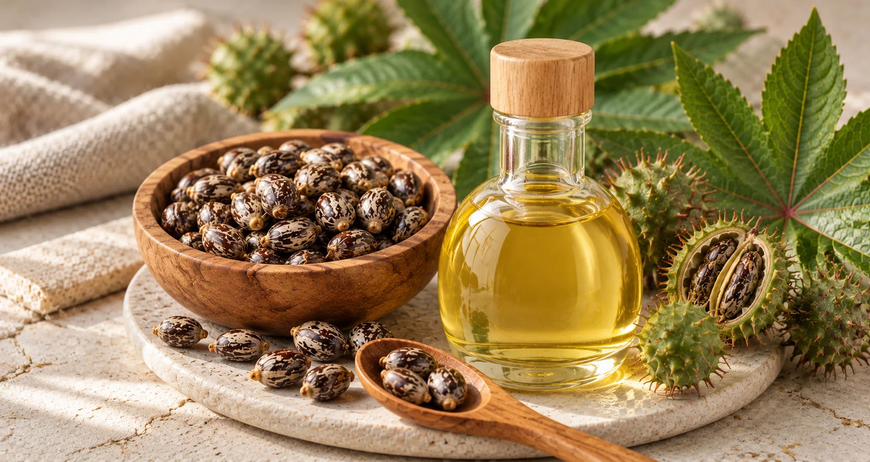 A glass bottle of castor oil next to a wooden bowl filled with castor seeds, a wooden spoon holding few seeds, and fresh castor plant leaves and seed pods on a textured surface.